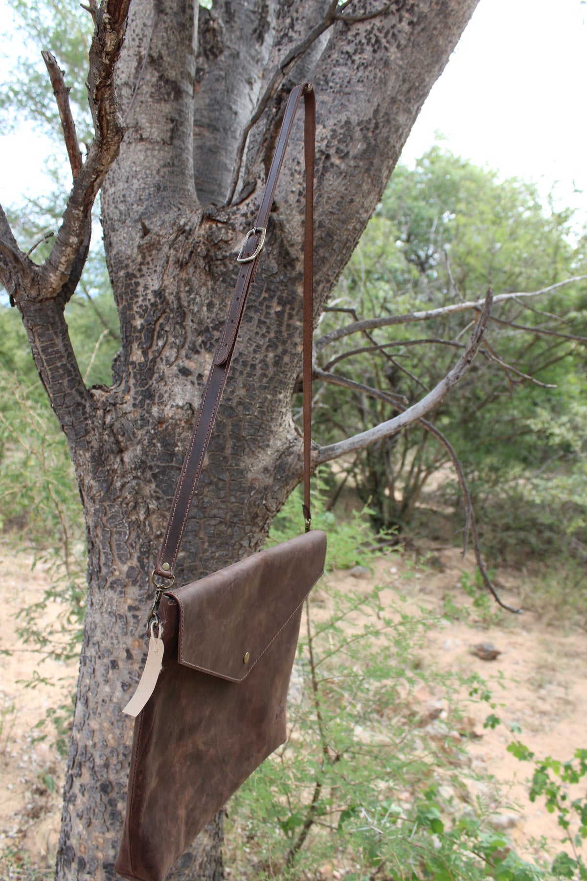 A brown leather laptop sling hanging from a tree branch.