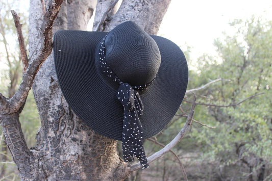 Weaved Hat- Black And Speckled White Ribbon