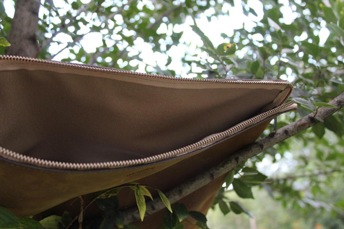 A brown leather laptop sling hanging from a tree branch.
