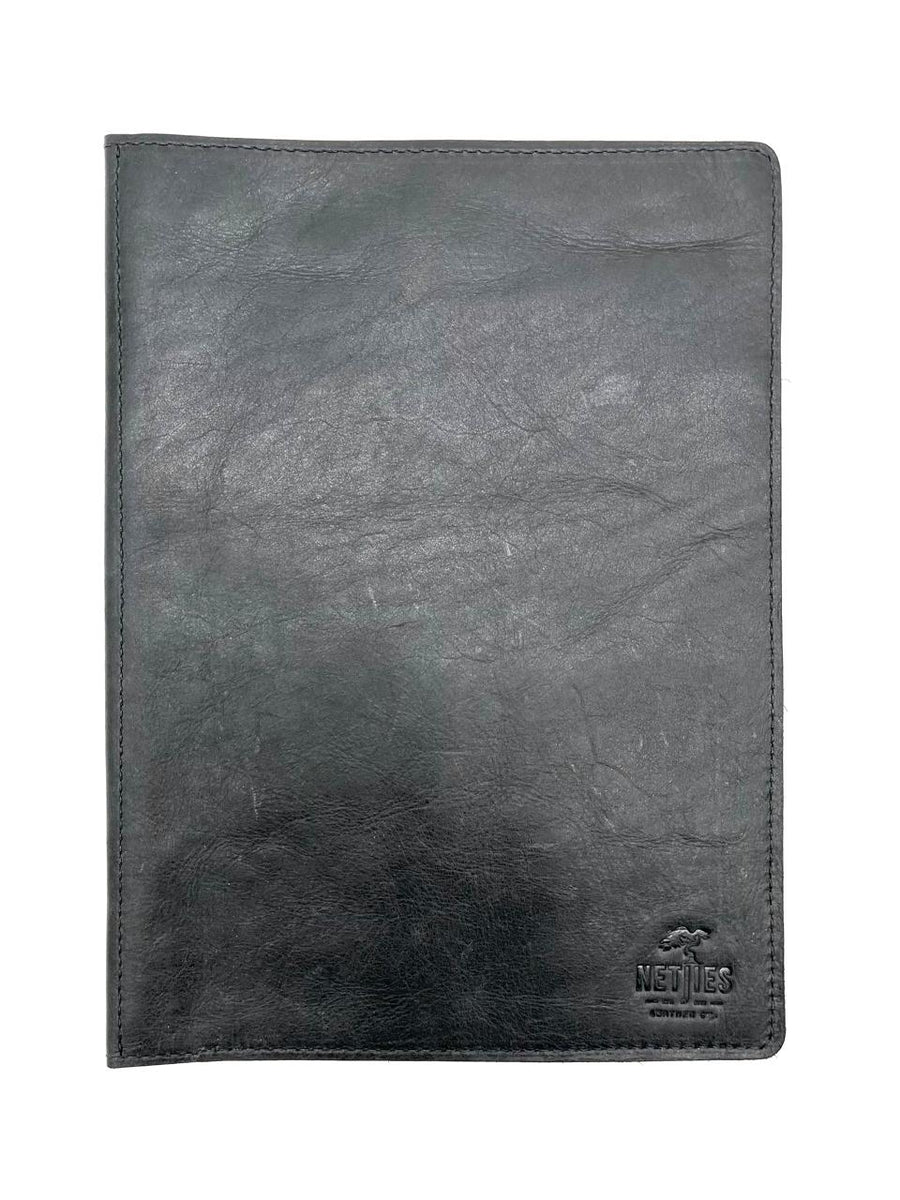 A black leather A4 book folder with a visible brand embossment on the front cover.