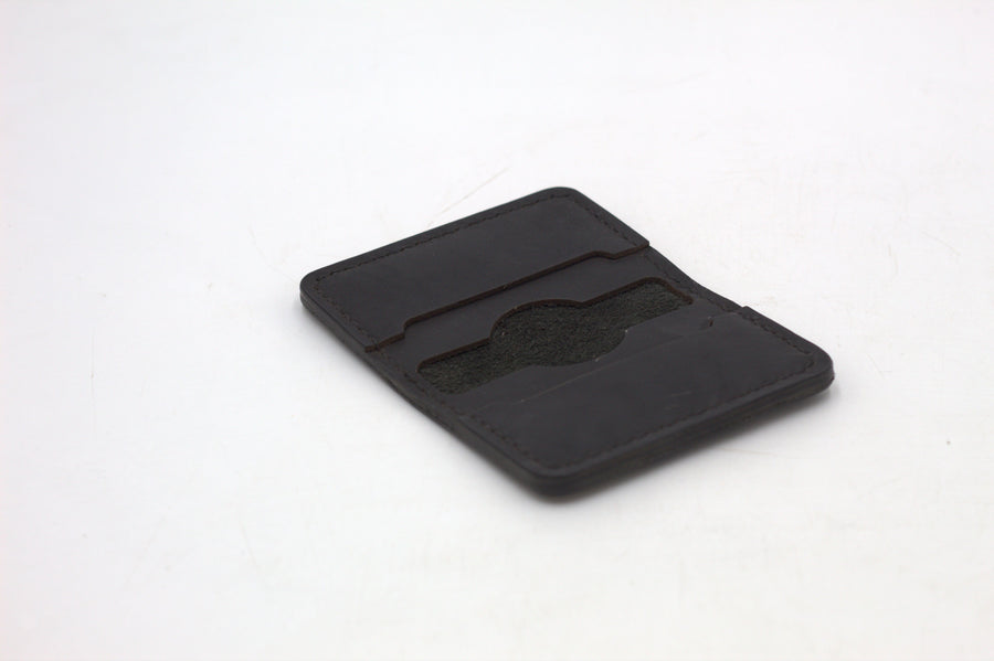A black bi-fold wallet on a white background.